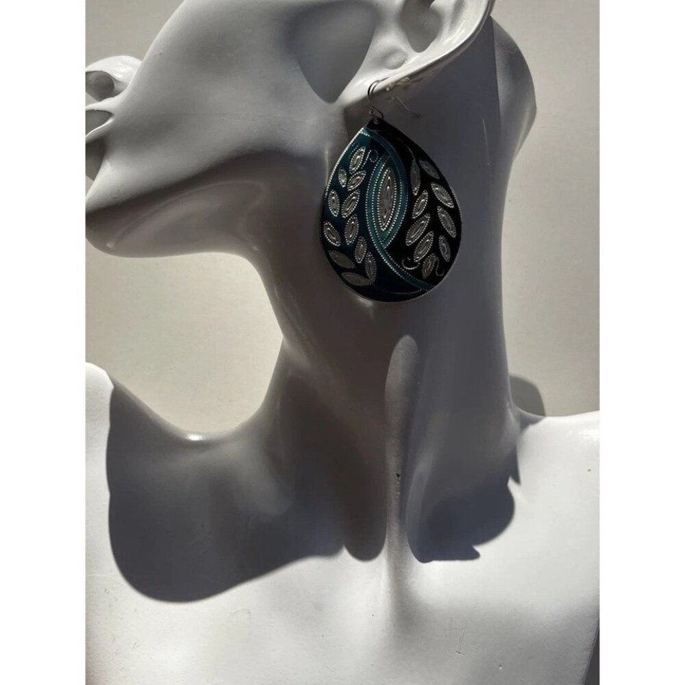 Vintage Women’s Leaf Shell Detail Earrings Dangle Drop Blue Silver Boho Western - Picture 2 of 8